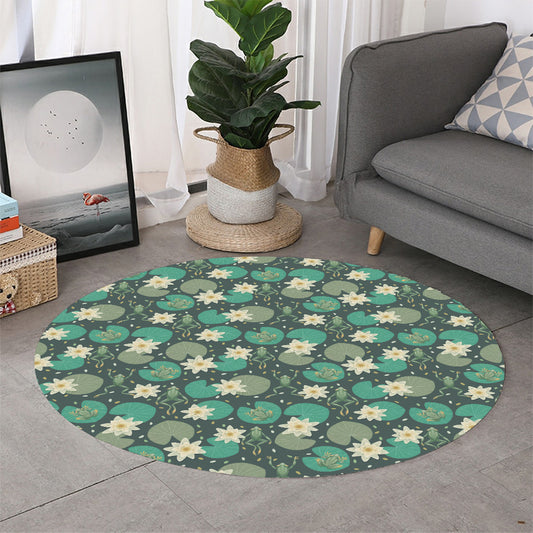 Frogs And Water Lilies Pattern Print Round Rug