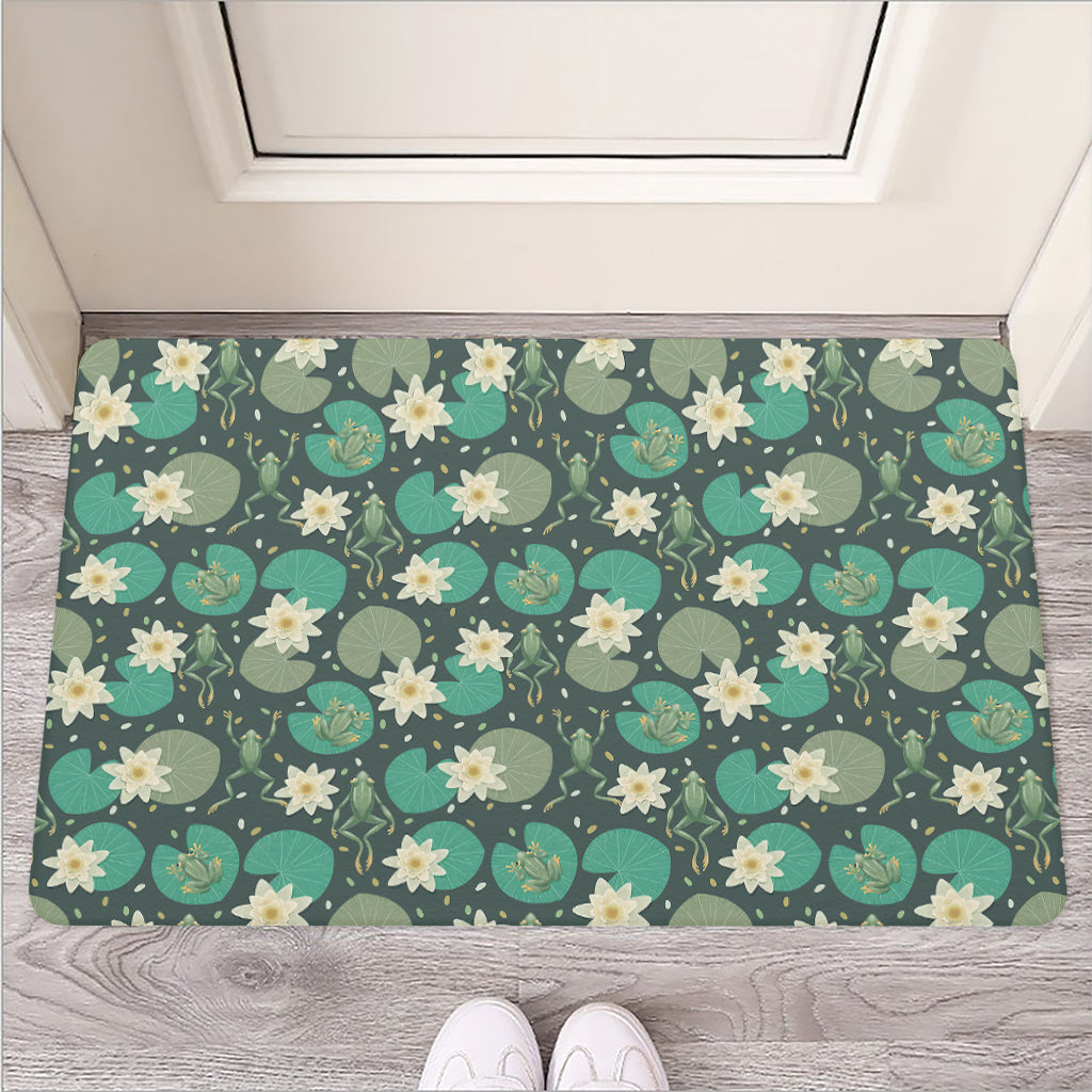 Frogs And Water Lilies Pattern Print Rubber Doormat