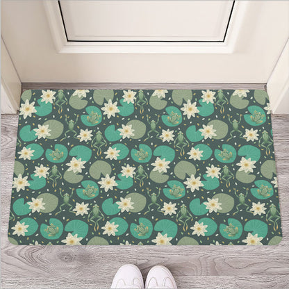 Frogs And Water Lilies Pattern Print Rubber Doormat