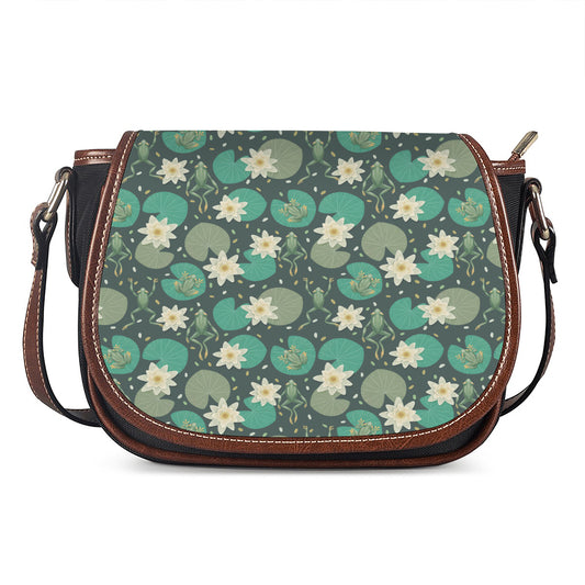 Frogs And Water Lilies Pattern Print Saddle Bag