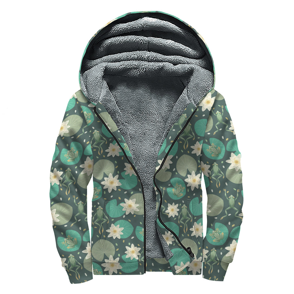 Frogs And Water Lilies Pattern Print Sherpa Lined Zip Up Hoodie