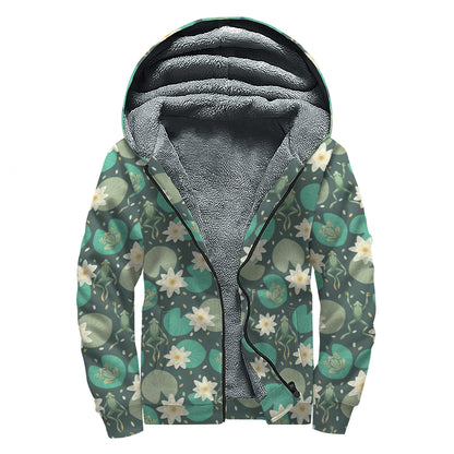 Frogs And Water Lilies Pattern Print Sherpa Lined Zip Up Hoodie