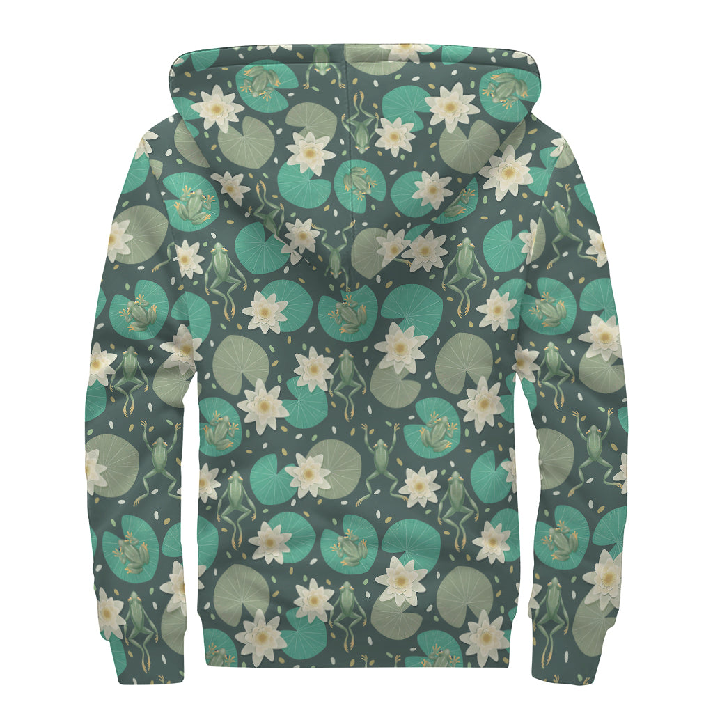 Frogs And Water Lilies Pattern Print Sherpa Lined Zip Up Hoodie