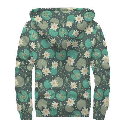 Frogs And Water Lilies Pattern Print Sherpa Lined Zip Up Hoodie