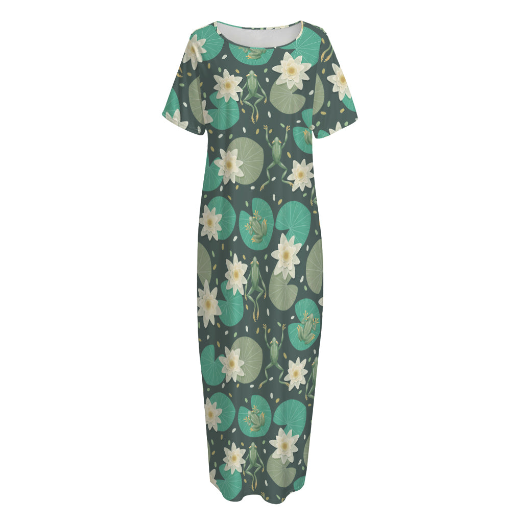 Frogs And Water Lilies Pattern Print Short Sleeve Long Nightdress