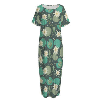 Frogs And Water Lilies Pattern Print Short Sleeve Long Nightdress
