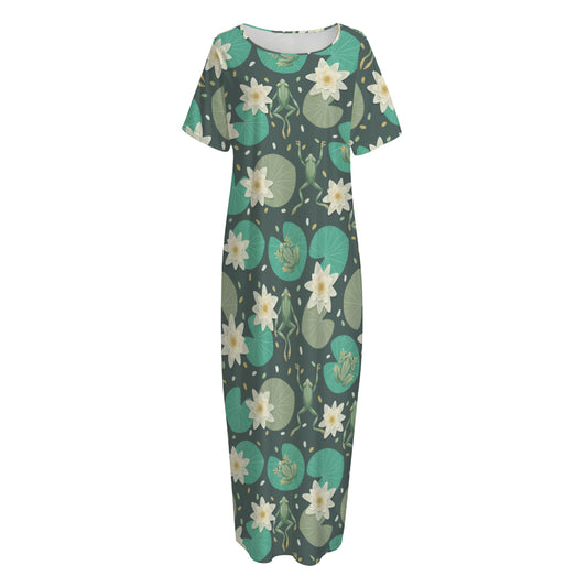 Frogs And Water Lilies Pattern Print Short Sleeve Long Nightdress