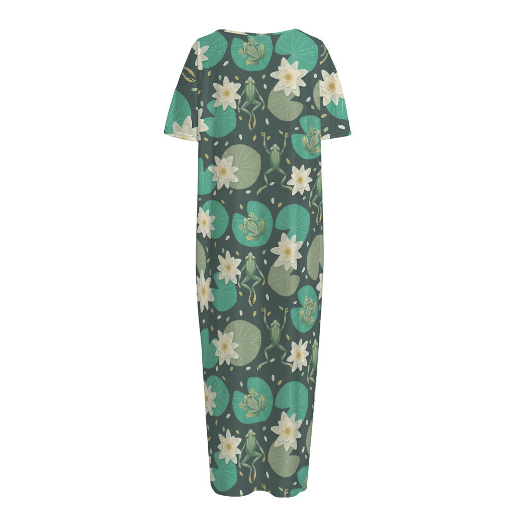 Frogs And Water Lilies Pattern Print Short Sleeve Long Nightdress