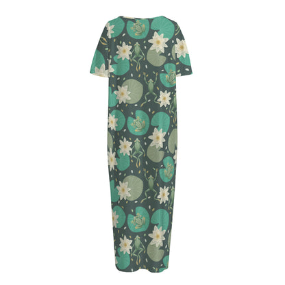 Frogs And Water Lilies Pattern Print Short Sleeve Long Nightdress