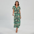 Frogs And Water Lilies Pattern Print Short Sleeve Maxi Dress
