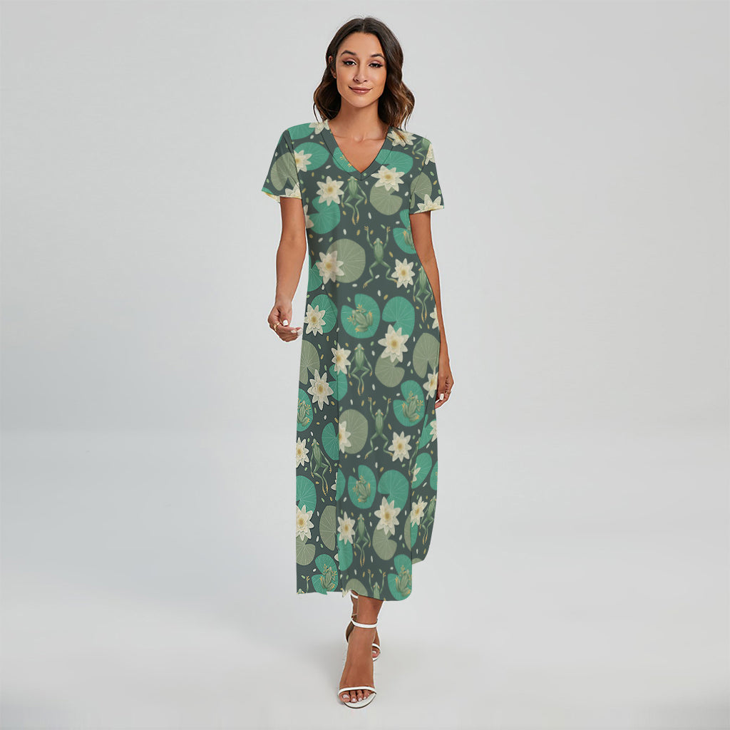 Frogs And Water Lilies Pattern Print Short Sleeve Maxi Dress
