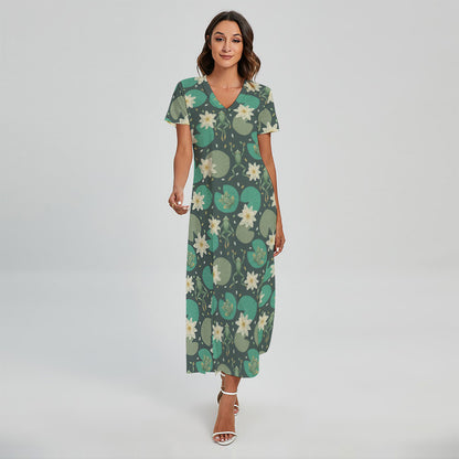 Frogs And Water Lilies Pattern Print Short Sleeve Maxi Dress