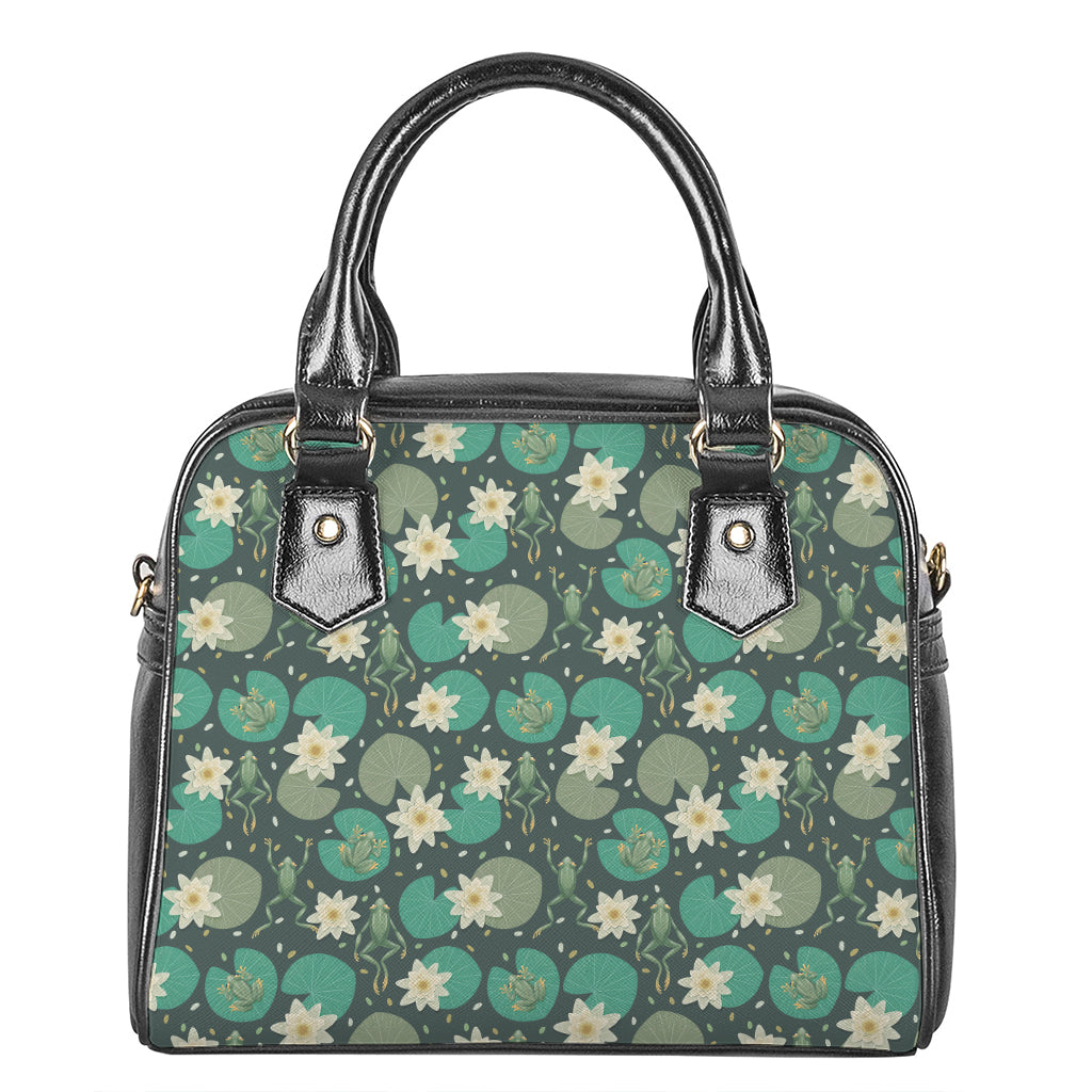 Frogs And Water Lilies Pattern Print Shoulder Handbag