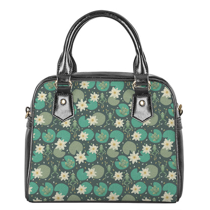 Frogs And Water Lilies Pattern Print Shoulder Handbag