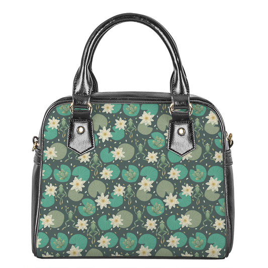 Frogs And Water Lilies Pattern Print Shoulder Handbag