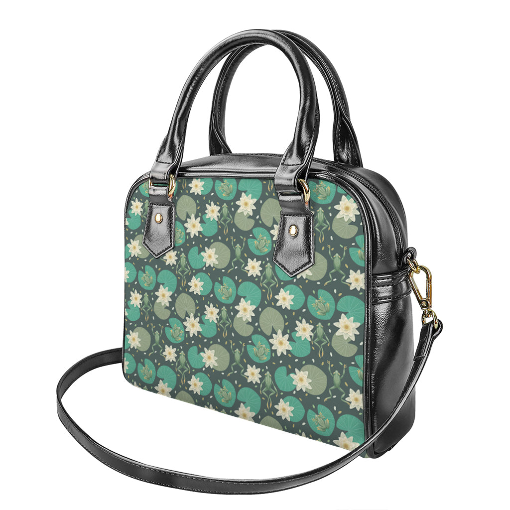 Frogs And Water Lilies Pattern Print Shoulder Handbag