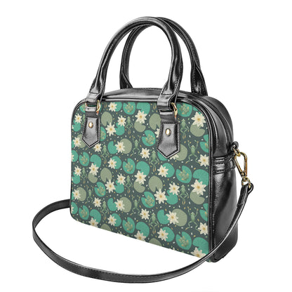 Frogs And Water Lilies Pattern Print Shoulder Handbag