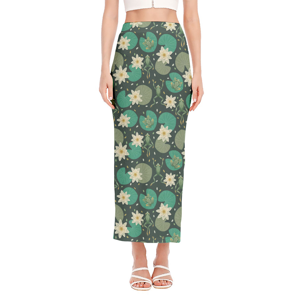 Frogs And Water Lilies Pattern Print Side Slit Maxi Skirt