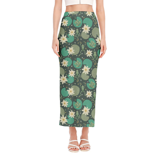 Frogs And Water Lilies Pattern Print Side Slit Maxi Skirt