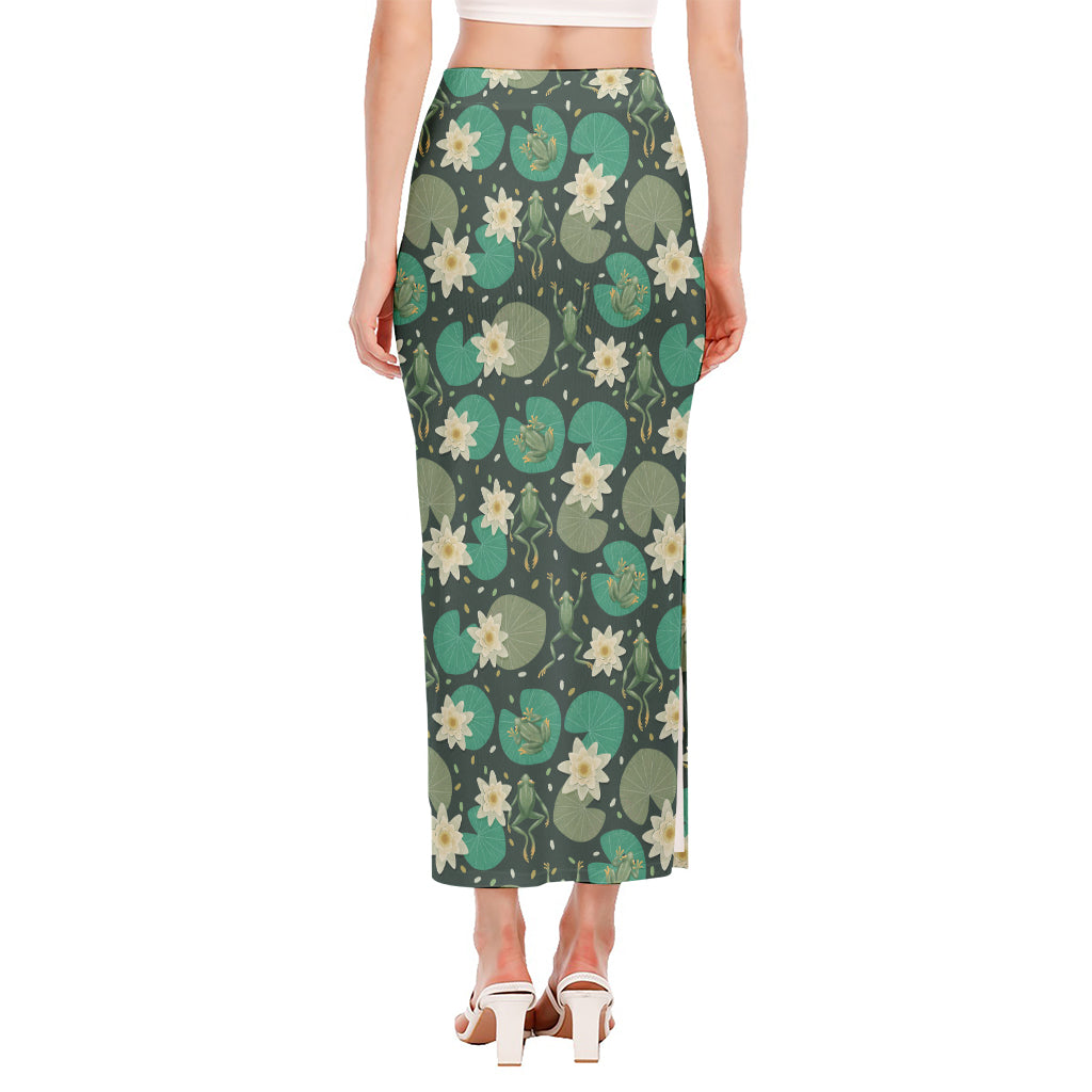 Frogs And Water Lilies Pattern Print Side Slit Maxi Skirt
