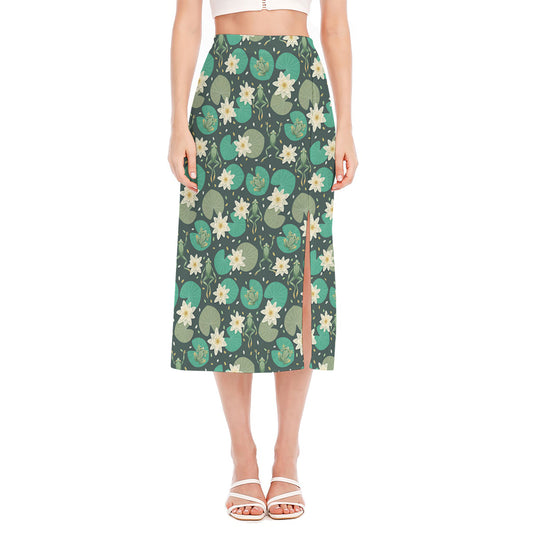 Frogs And Water Lilies Pattern Print Side Slit Midi Skirt