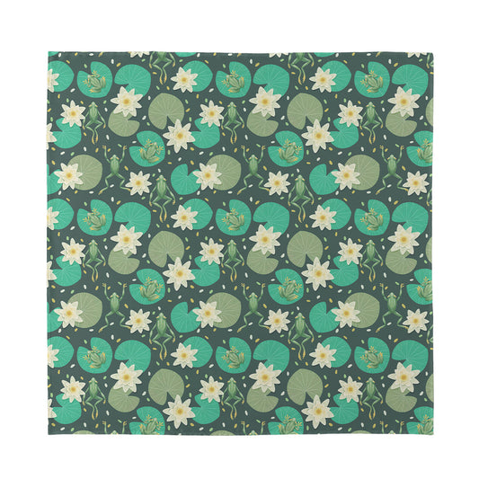 Frogs And Water Lilies Pattern Print Silk Bandana