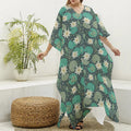 Frogs And Water Lilies Pattern Print Silk V-Neck Kaftan Dress