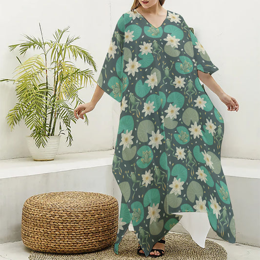 Frogs And Water Lilies Pattern Print Silk V-Neck Kaftan Dress
