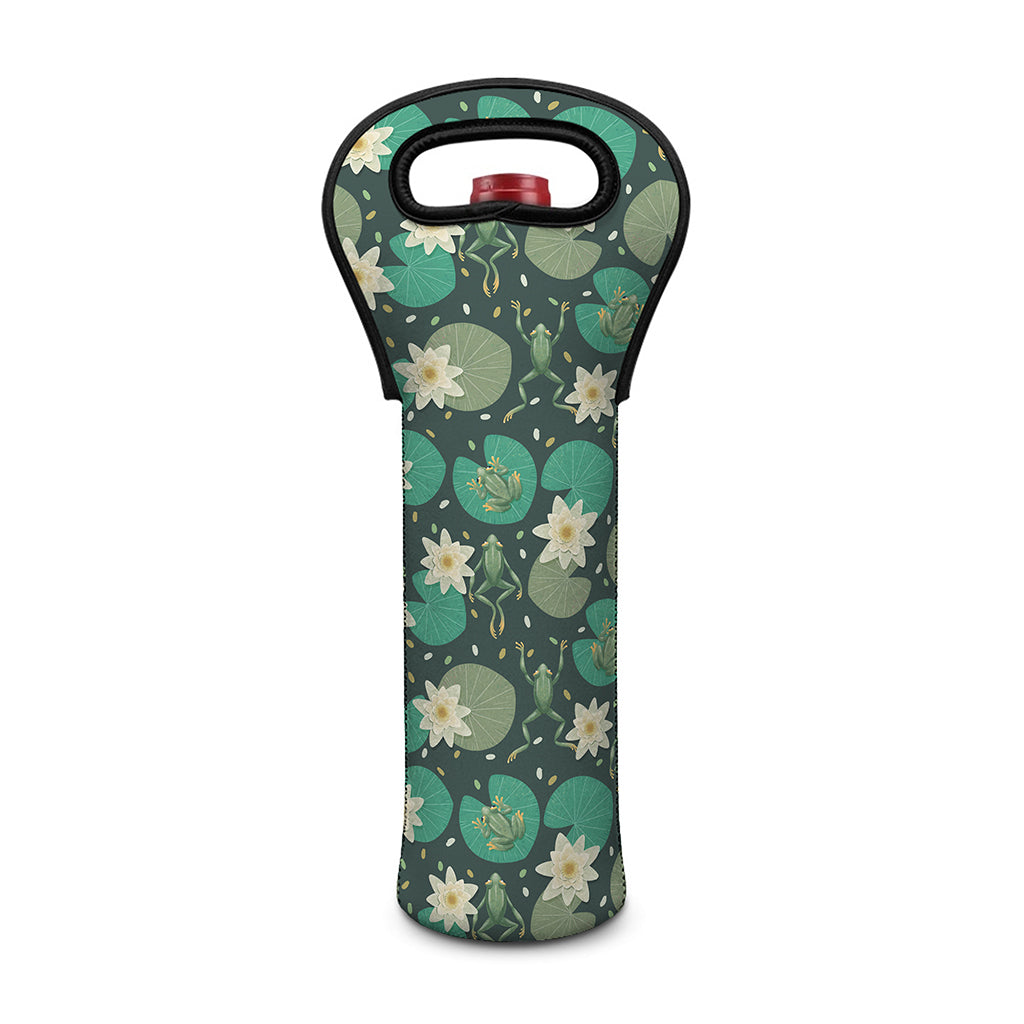 Frogs And Water Lilies Pattern Print Single Neoprene Wine Tote