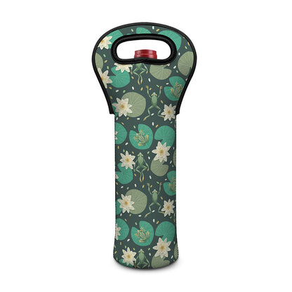 Frogs And Water Lilies Pattern Print Single Neoprene Wine Tote