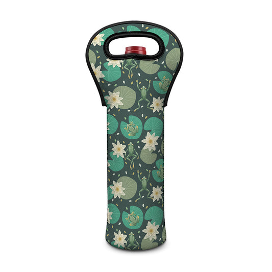 Frogs And Water Lilies Pattern Print Single Neoprene Wine Tote