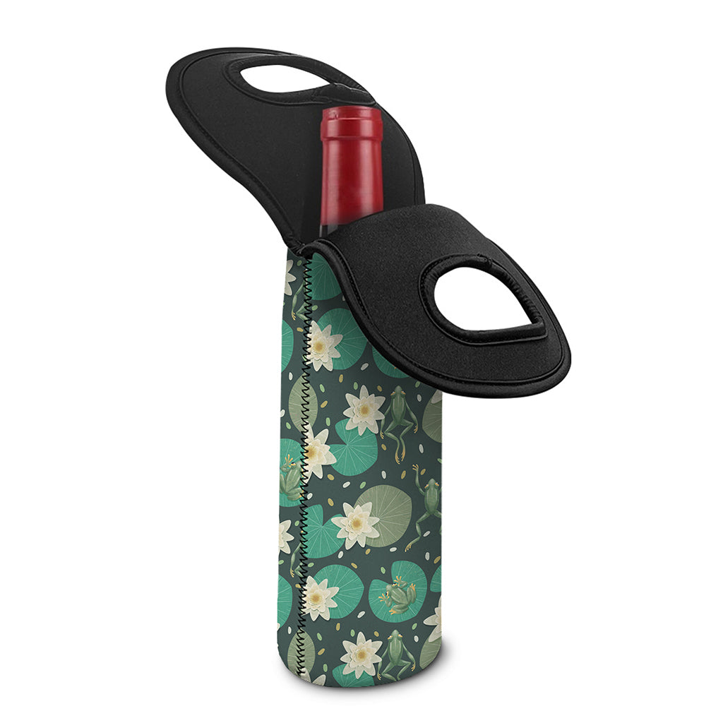 Frogs And Water Lilies Pattern Print Single Neoprene Wine Tote