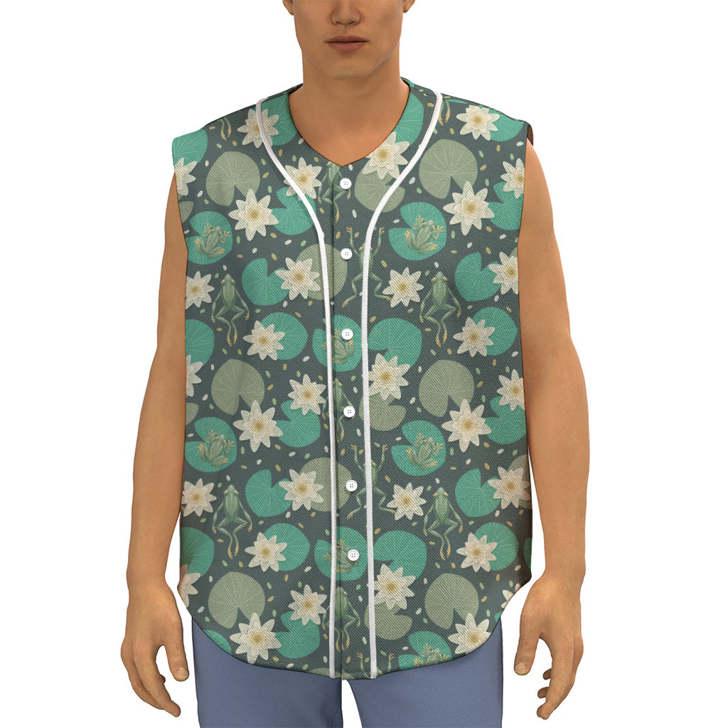 Frogs And Water Lilies Pattern Print Sleeveless Baseball Jersey
