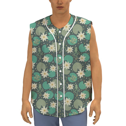 Frogs And Water Lilies Pattern Print Sleeveless Baseball Jersey