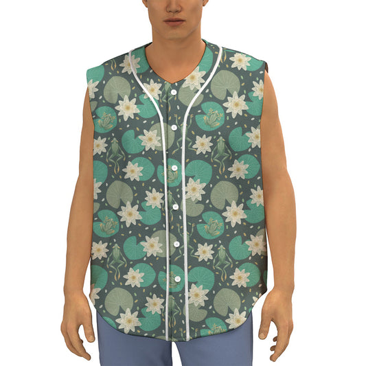 Frogs And Water Lilies Pattern Print Sleeveless Baseball Jersey