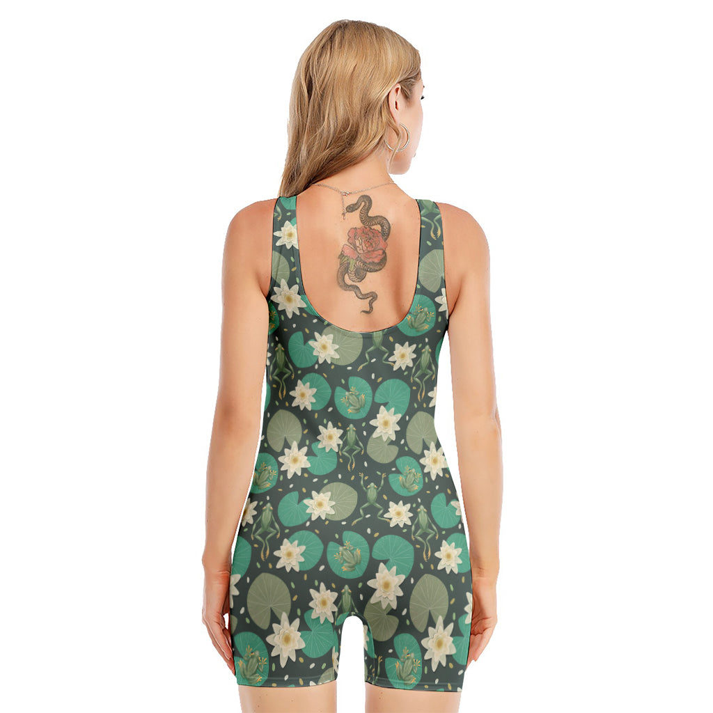 Frogs And Water Lilies Pattern Print Sleeveless One Piece Swimsuit