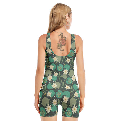 Frogs And Water Lilies Pattern Print Sleeveless One Piece Swimsuit