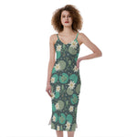 Frogs And Water Lilies Pattern Print Slim Fit Midi Cami Dress
