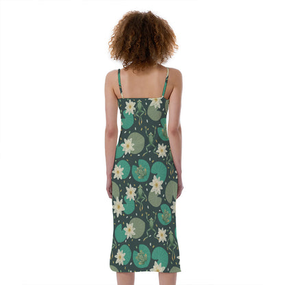Frogs And Water Lilies Pattern Print Slim Fit Midi Cami Dress
