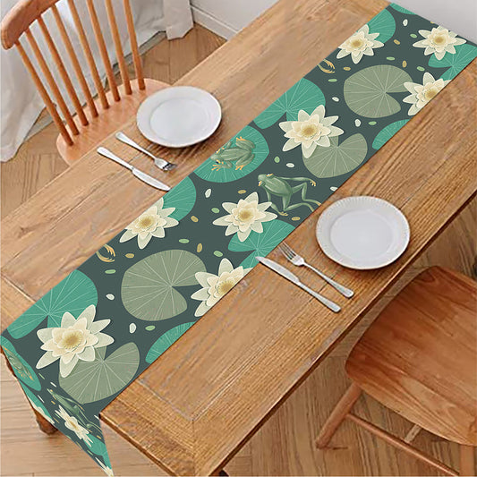 Frogs And Water Lilies Pattern Print Table Runner