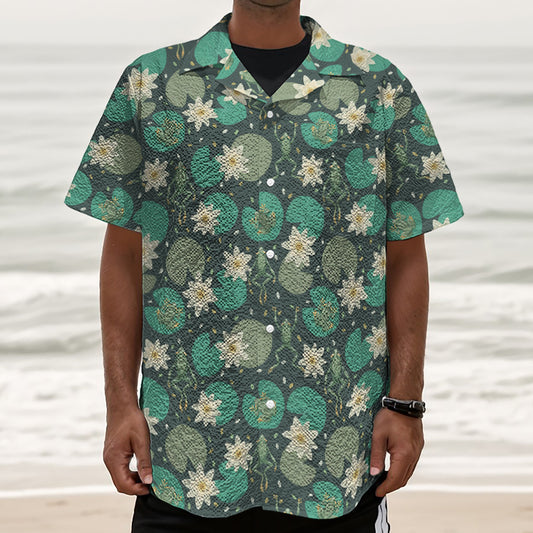 Frogs And Water Lilies Pattern Print Textured Short Sleeve Shirt