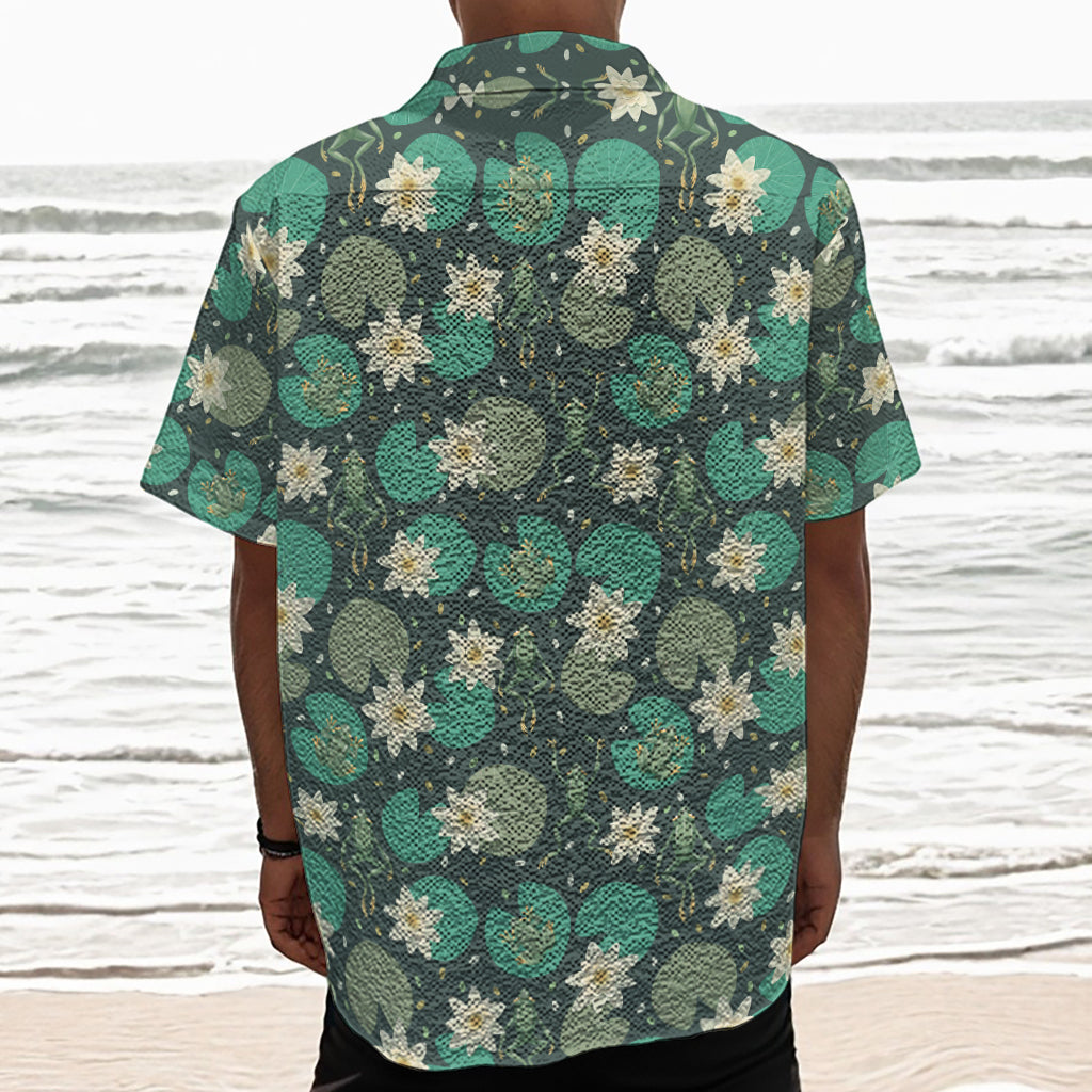 Frogs And Water Lilies Pattern Print Textured Short Sleeve Shirt