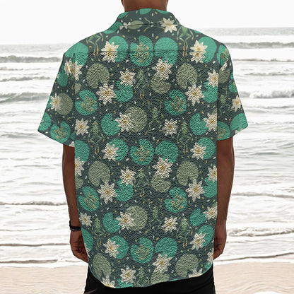 Frogs And Water Lilies Pattern Print Textured Short Sleeve Shirt