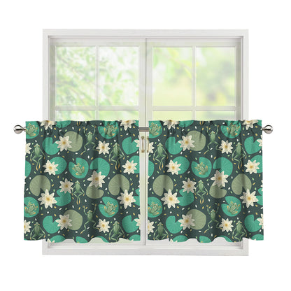 Frogs And Water Lilies Pattern Print Tier Curtains