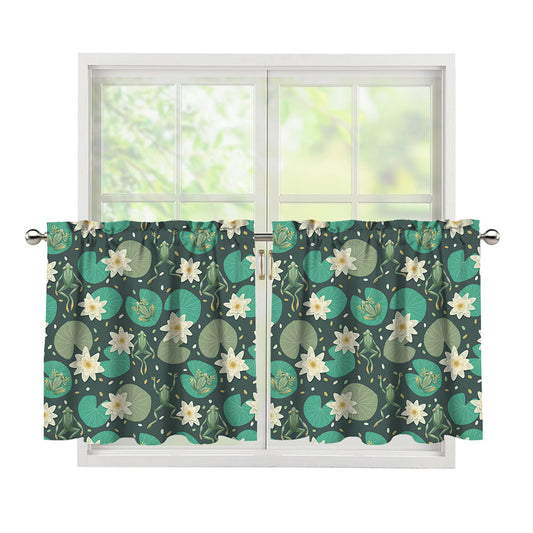 Frogs And Water Lilies Pattern Print Tier Curtains