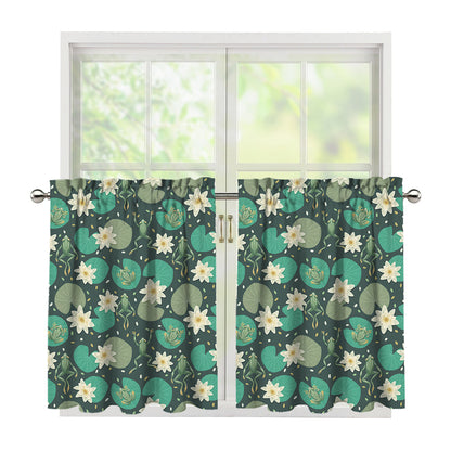 Frogs And Water Lilies Pattern Print Tier Curtains