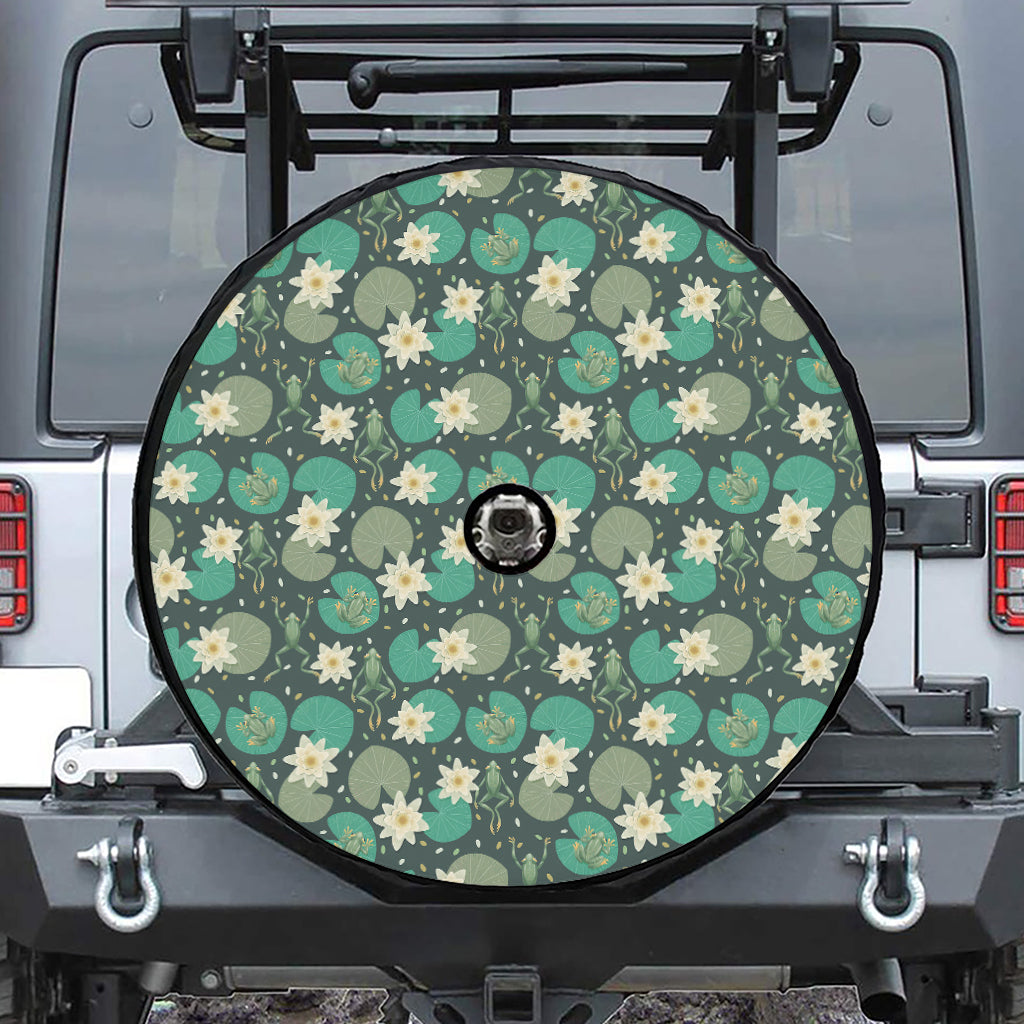 Frogs And Water Lilies Pattern Print Tire Cover With Camera Hole