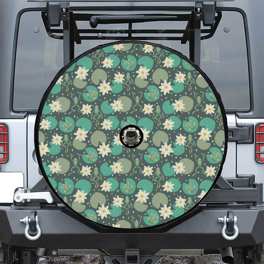 Frogs And Water Lilies Pattern Print Tire Cover With Camera Hole