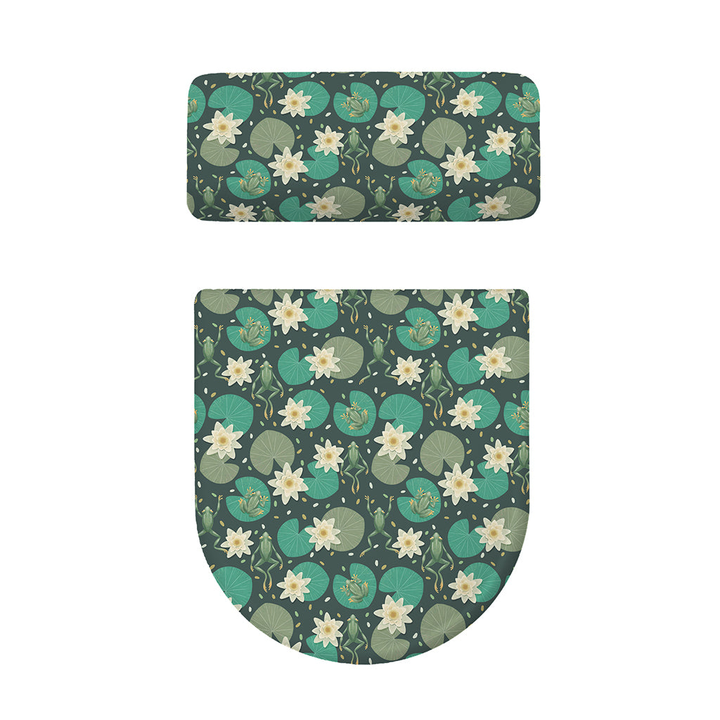 Frogs And Water Lilies Pattern Print Toilet Lid And Tank Cover Set