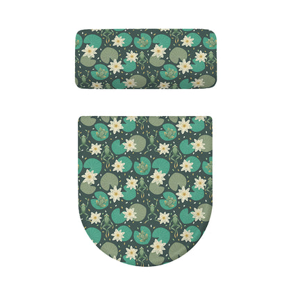 Frogs And Water Lilies Pattern Print Toilet Lid And Tank Cover Set